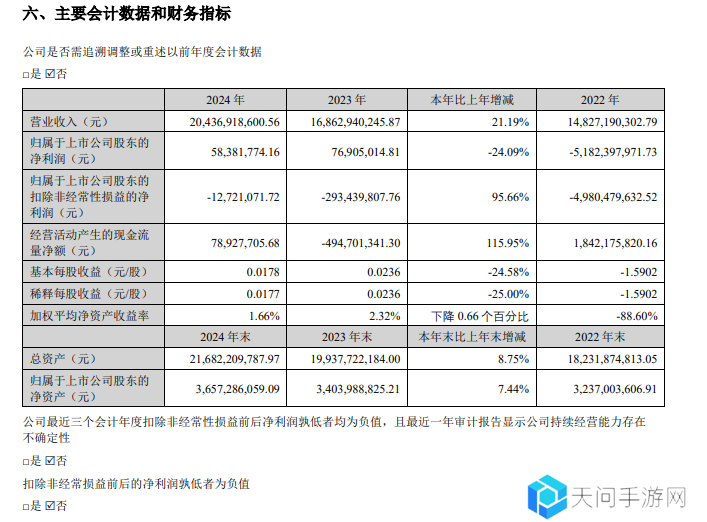 欧菲光 2024 年营收 204.37 亿元同比增长 21.19%，净利润同比下降 24.09%